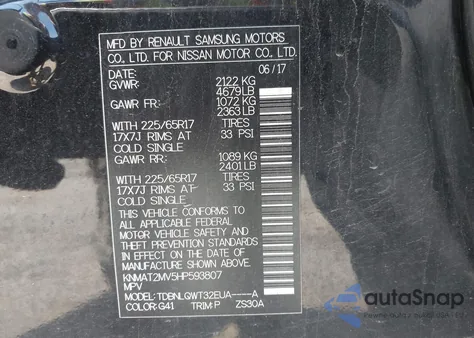 2017 Nissan Rogue Sv z USA, uszkodzony, nr VIN KNMAT2MV5HP593807